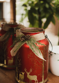 Lanterre en verre style pot Masson - Noel rouge - avec boucle en rotin