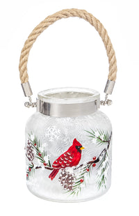 Pot décoratif Noel - avec cardinal peint à la main - Poignée en rotin & lumière à l'intérieur