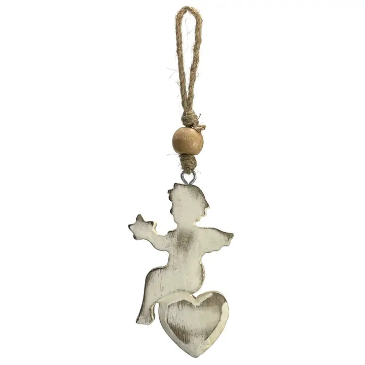 Mango Wood Ornament - Vintage White Heart Cherub Angel 4"