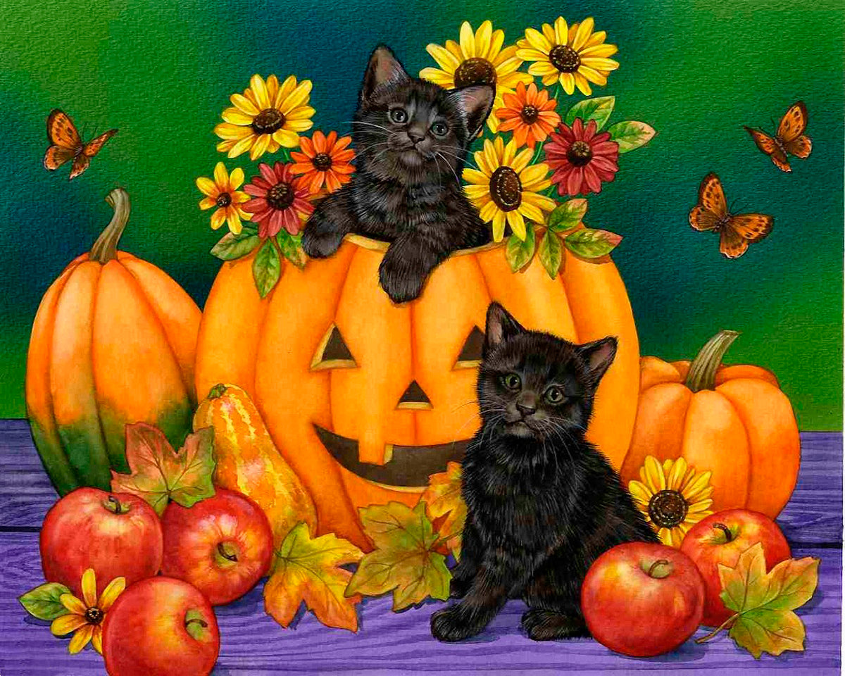 Drapeau citrouilles + deux chats noirs