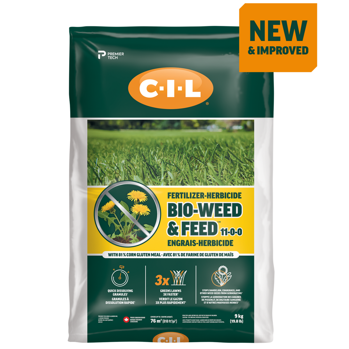 Gluten de mais amélioré - Engrais-herbicide pour pelouse BIO-WEED & FEED® 11-0-0