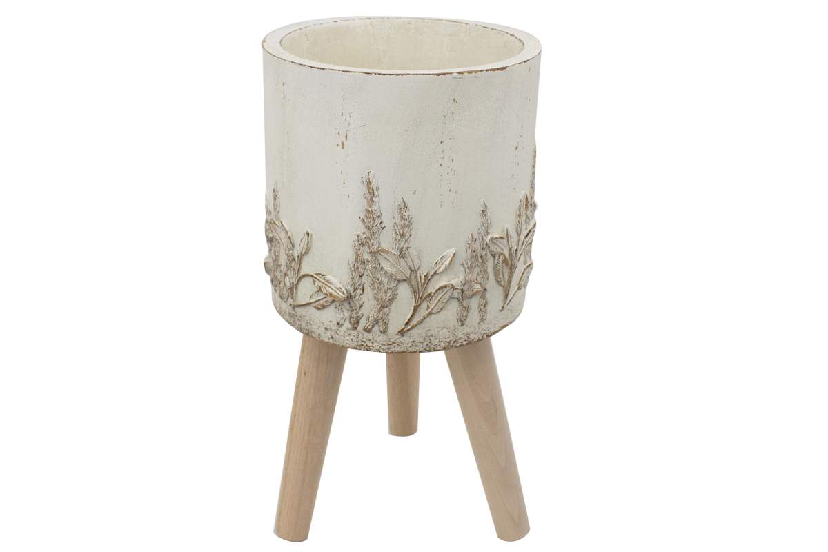 Pot sur patte mgo blanc & motif fleur 22 x 23cm