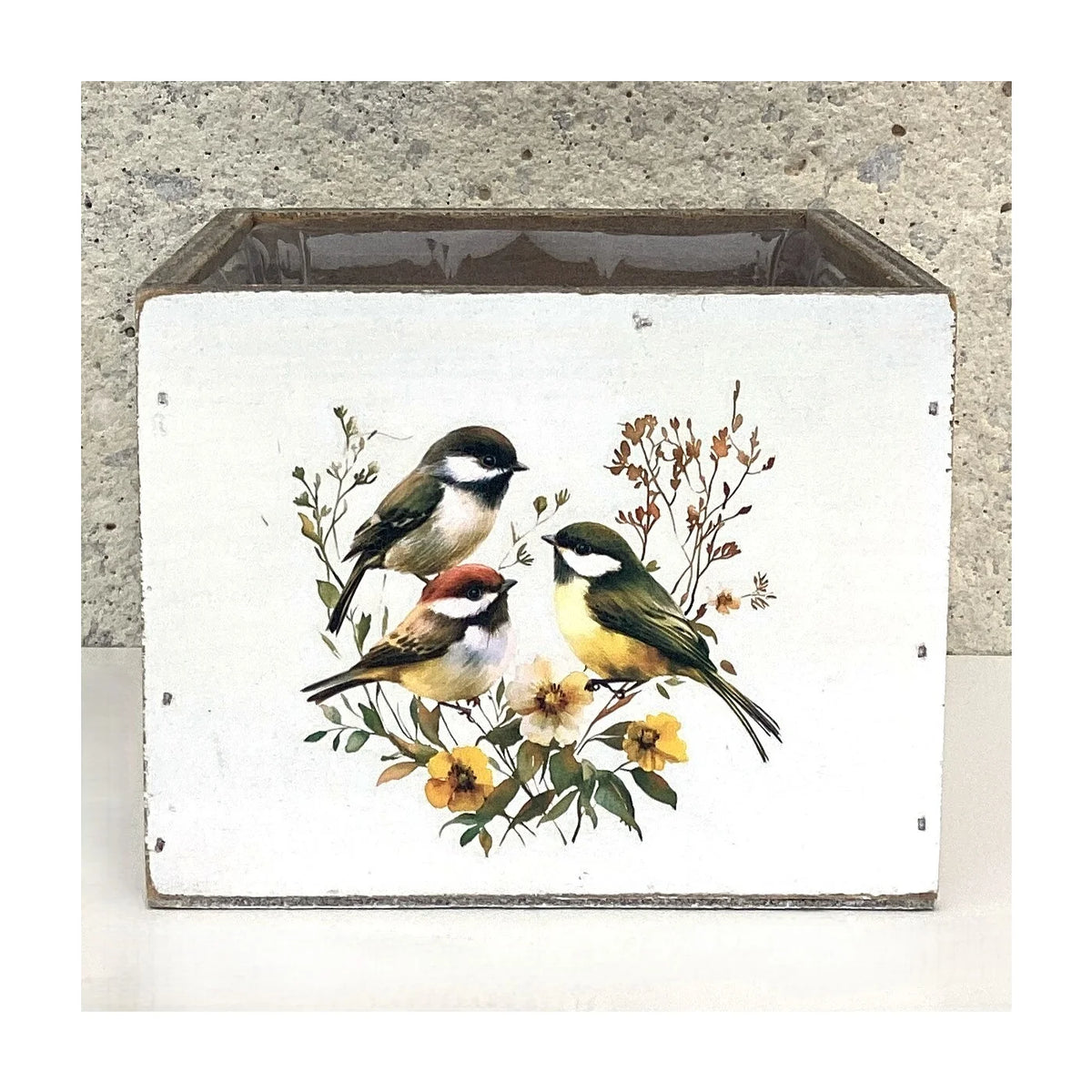 contenant cube en bois, 5,5" carré x 4,25" h décoration oiseaux avec doublure haute (convient aux pot de 4") - 3501-4044