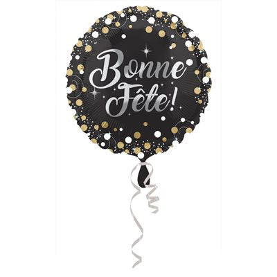 Ballon M.18'' BONNE FETE NOIR POIS OR / BLANC Code : 38992