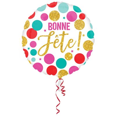 Ballon M.18'' BONNE FETE BLANC POIS ASS.  Code de produit : 38993