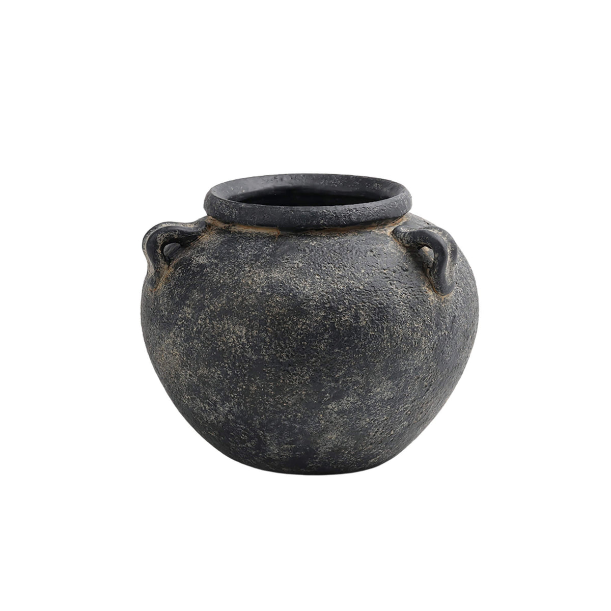 VASE BAS ROND EN TERRE CUITE NOIR AVEC ANSES 9.75D 8H