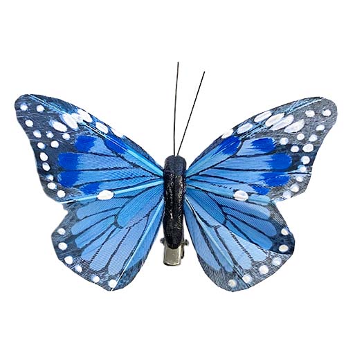 PAPILLONS MONARQUE EN PLUME A/ FIL MÉTAL, BLEU, 3½''