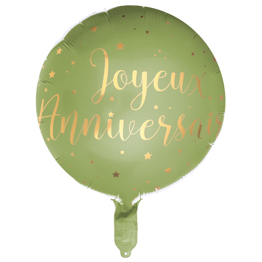 Ballon Alu Joyeux Anniversaire métallisé Sauge Ø 45 cm. Héli - 6238-103