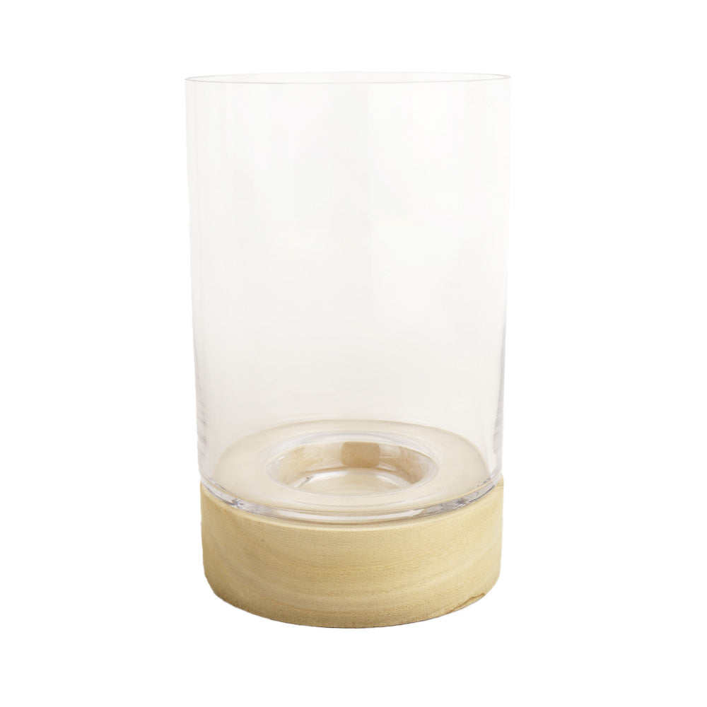 GLASS CYLINDER VASE W/WOOD BASE, CLEAR, Ø 6" X 10"
