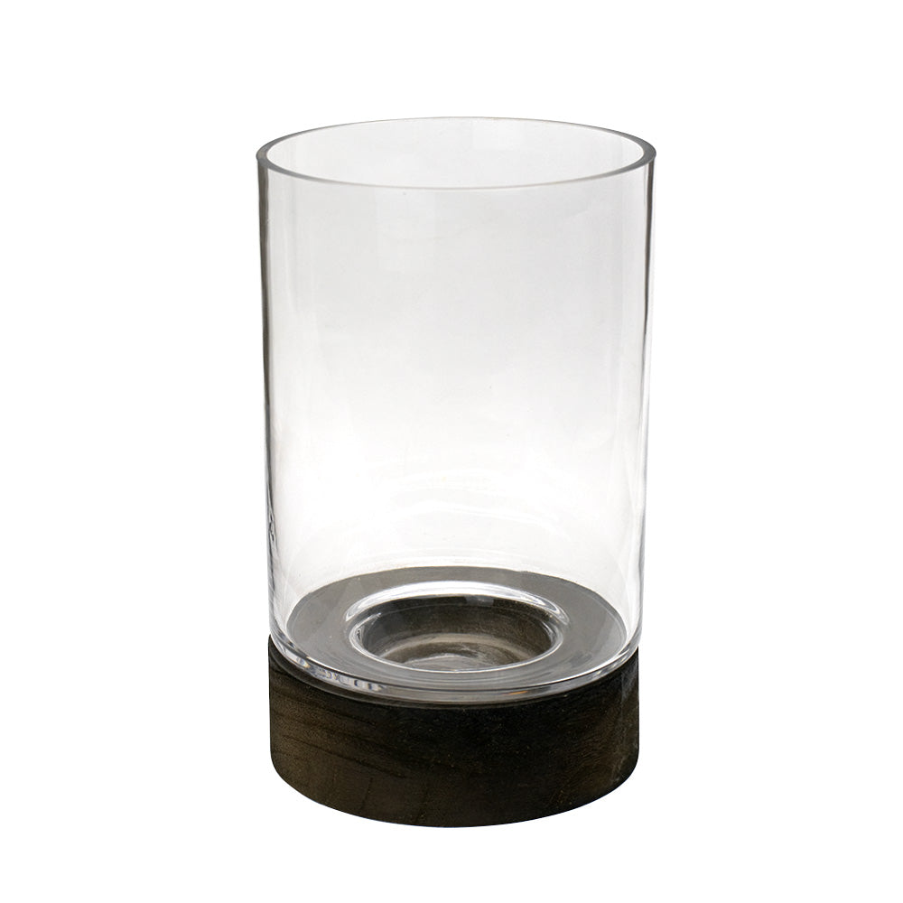 VASE CYLINDRE EN VERRE A/BASE DE BOIS FONCÉE, CLAIR, Ø 6" x 10"
