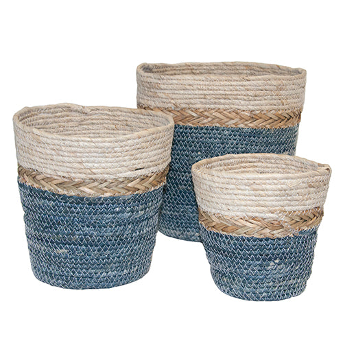PANIER EN SEAGRASS A/LINER, BLEU/BLANC/NATUREL,Ø 10½"-8½"-6½"