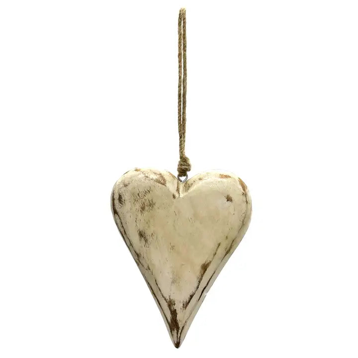 Cœur en bois de manguier, blanc vintage, 6 po