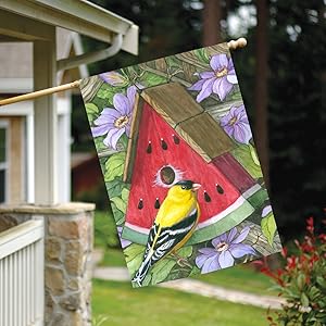 Drapeau cabane oiseau melon d'eau avec chardonneret