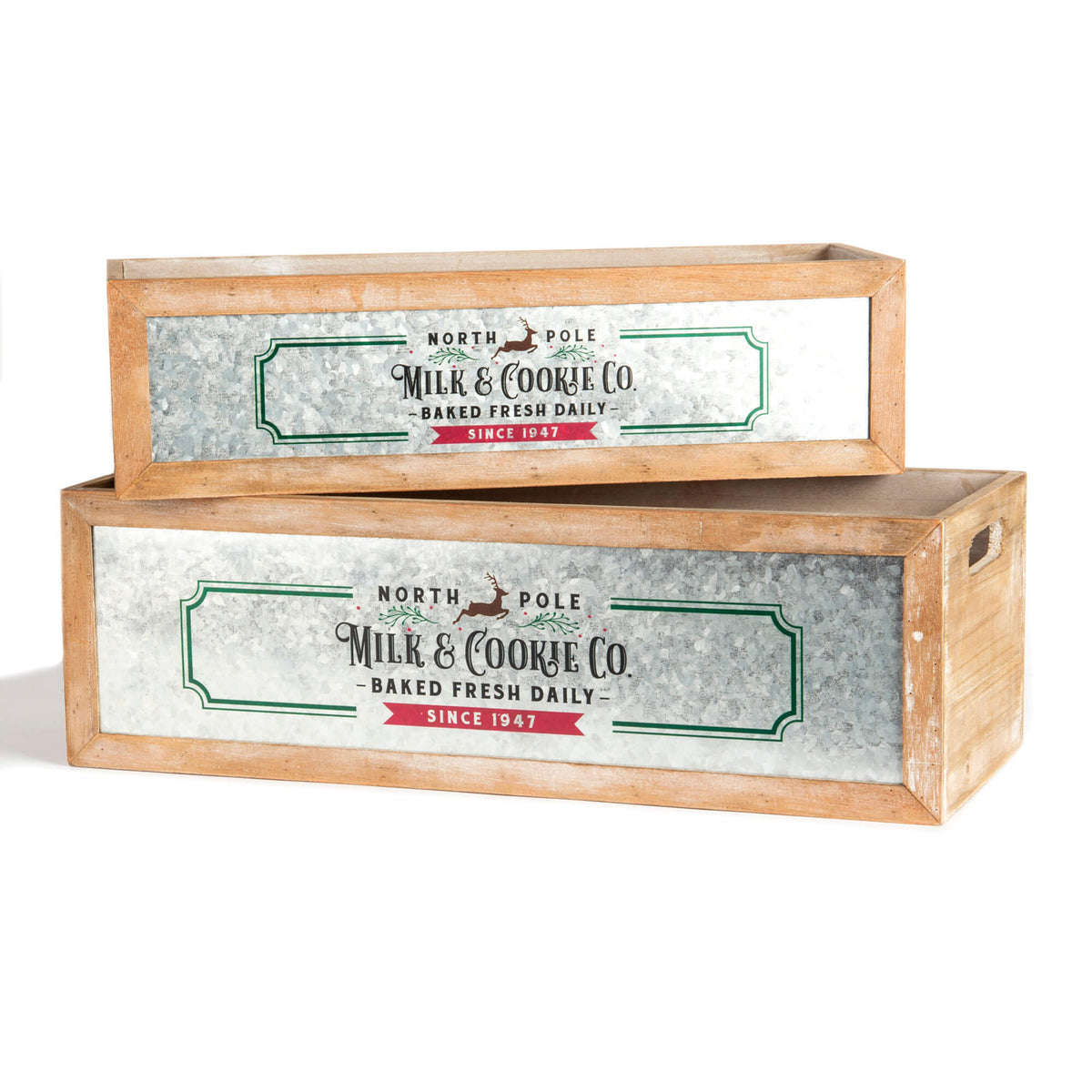 Caisse en bois - LONG RECT CRATES GALVANIZE PLAQUE MILK AND COOKIE