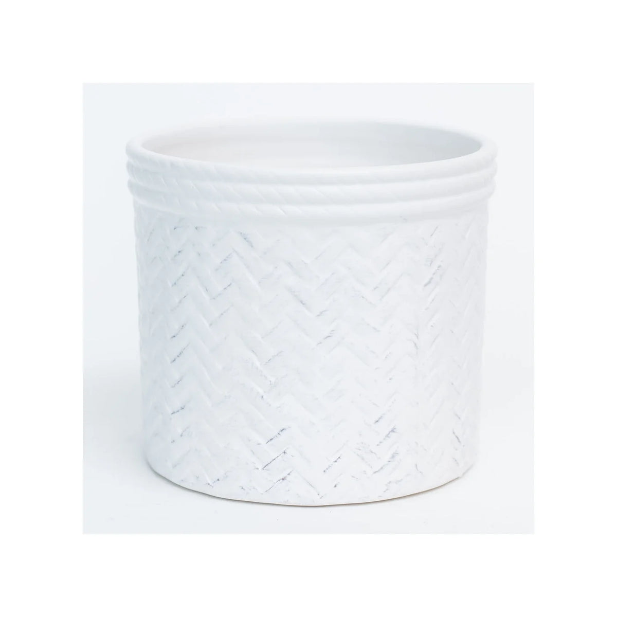Pot blanc 4'' avec design zigzag - 4.7"DX4.3"H Matte White Wicker Pattern Dolomite Container