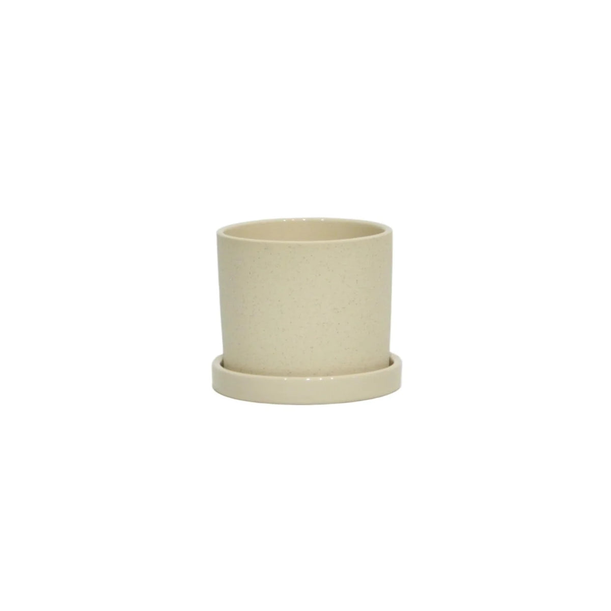 Pot de 12 cm de diamètre et 11 cm de hauteur, finition sable crème, avec soucoupe brillante - CE00-359