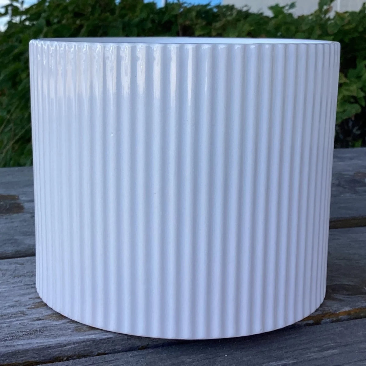 Pot 6.7"dx5.5"h glazed white ribbed cylinder dolomite container (fits 6" pot) - CE10-298