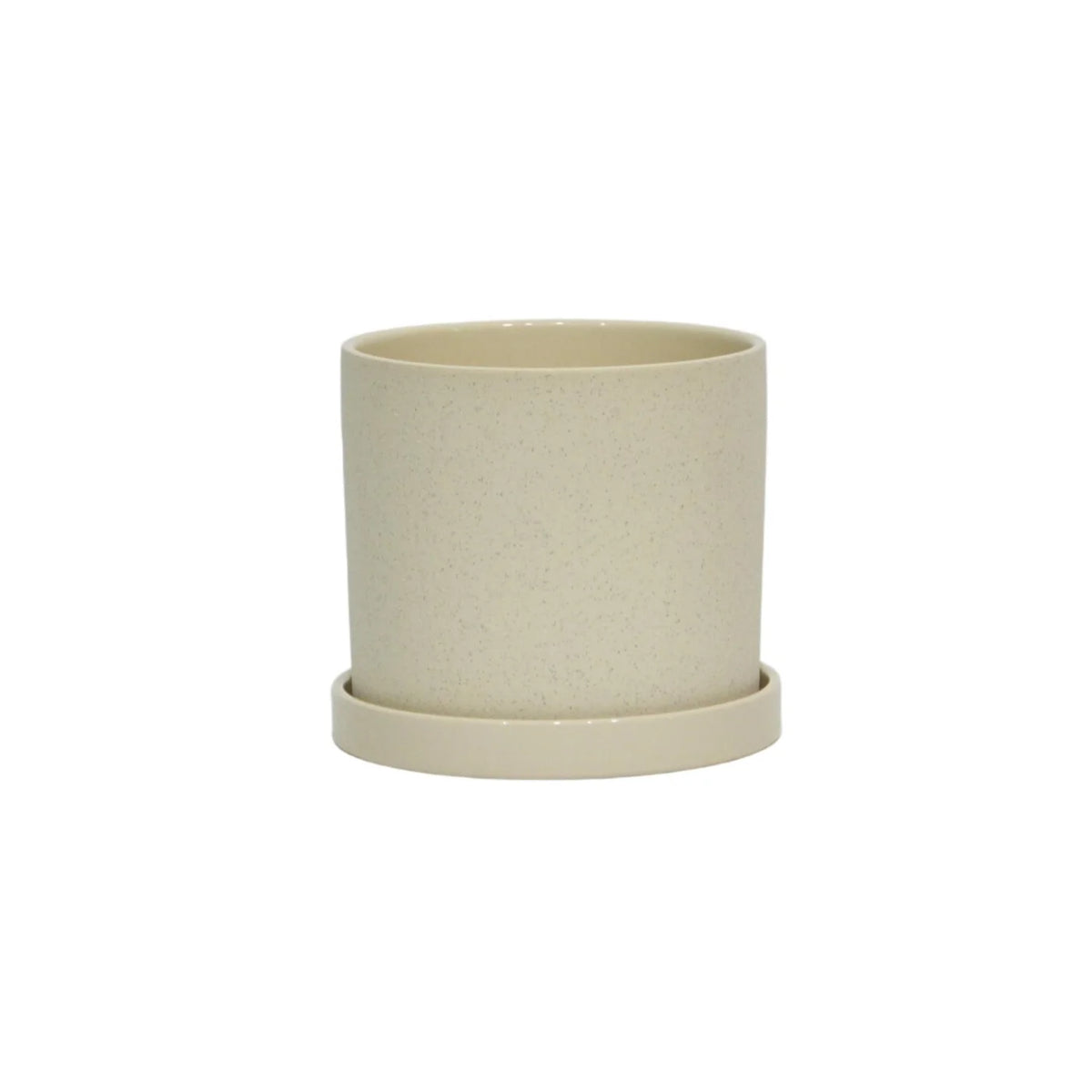 Pot de 17,3 cm de diamètre et 16,5 cm de hauteur, finition sable crème, avec soucoupe brillante - CE10-359