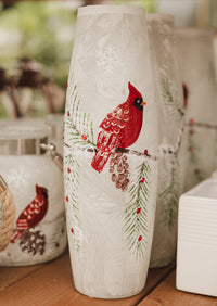 Vase Cylindique - Noel - avec cardinal peint à la main & lumière à l'intérieur