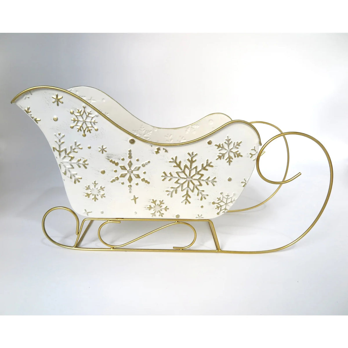TRAÎNEAU EN MÉTAL, POTS EN MÉTAL BLANC AVEC DOUBLURE RIGIDE ET FLOCONS DE NEIGE DORÉS EN RELIEF