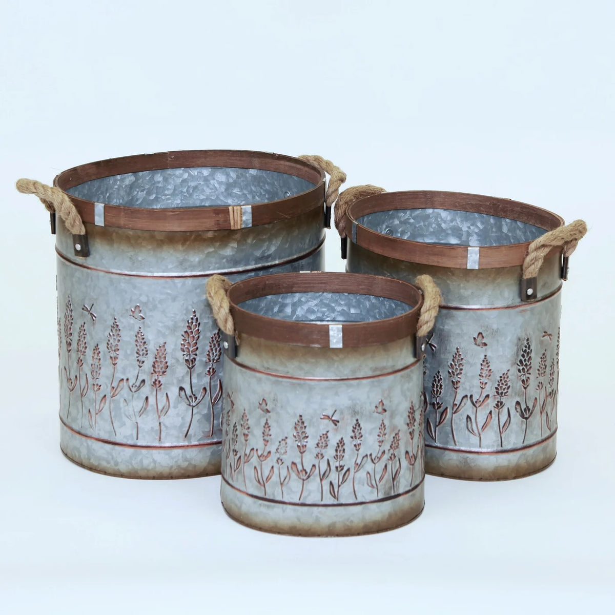 S/3, 13.4X11X13/14"OH POTS EN MÉTAL POUR JARDIN DE LAVANDE FINI ANTIQUE AVEC H.LINER