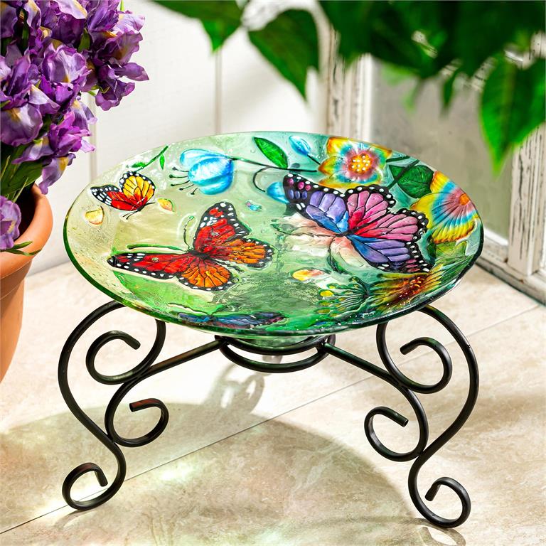 Bain d'oiseaux de jardin champêtre, papillon en verre 45 cm