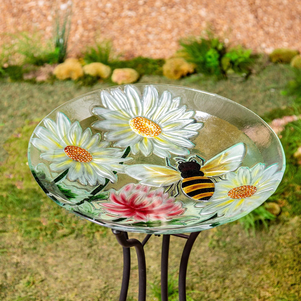 Bain d'oiseaux de jardin champêtre, marguerites et abeilles peintes à la main, 45 cm