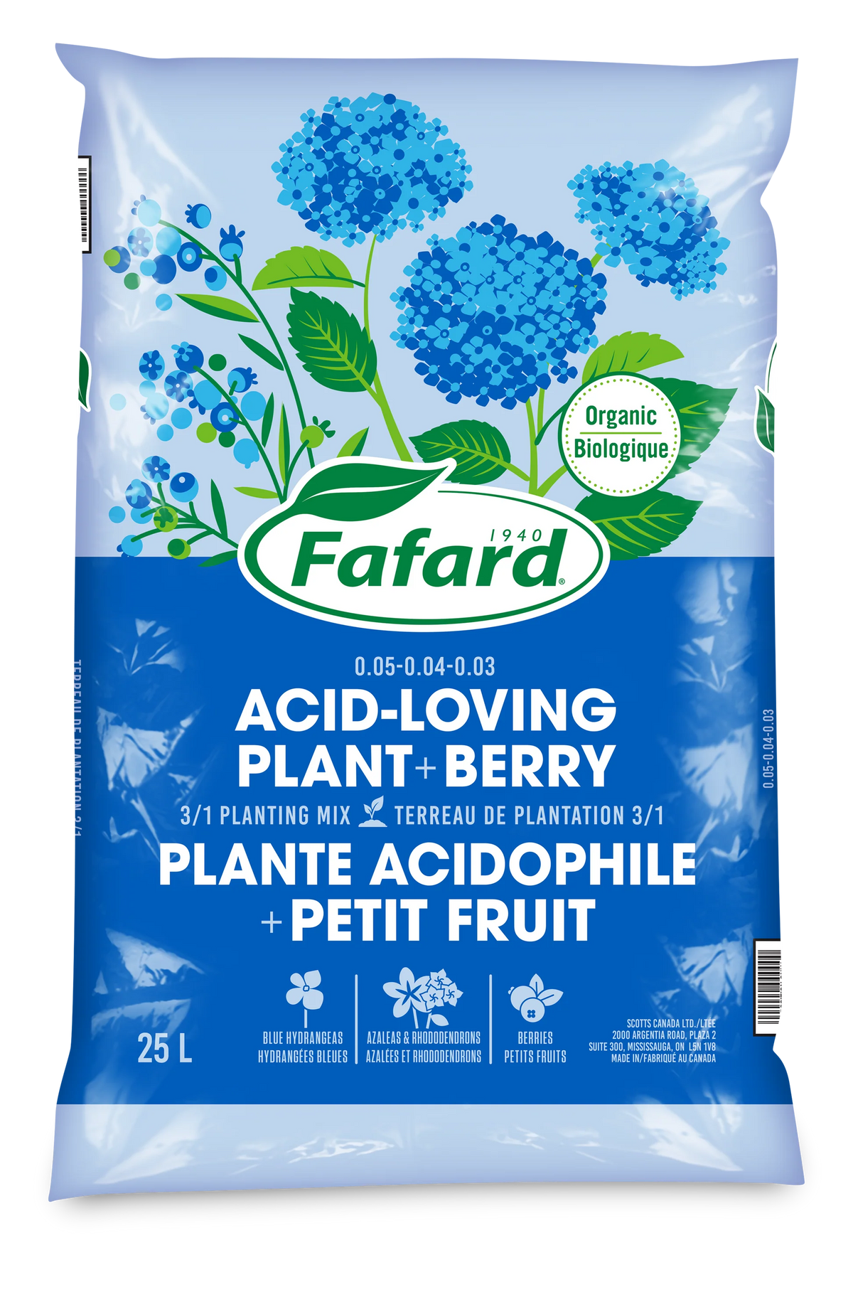 Terreau de plantation biologique 3 dans 1 pour Petits Fruits et Plantes acidophiles 25L - FAFARD