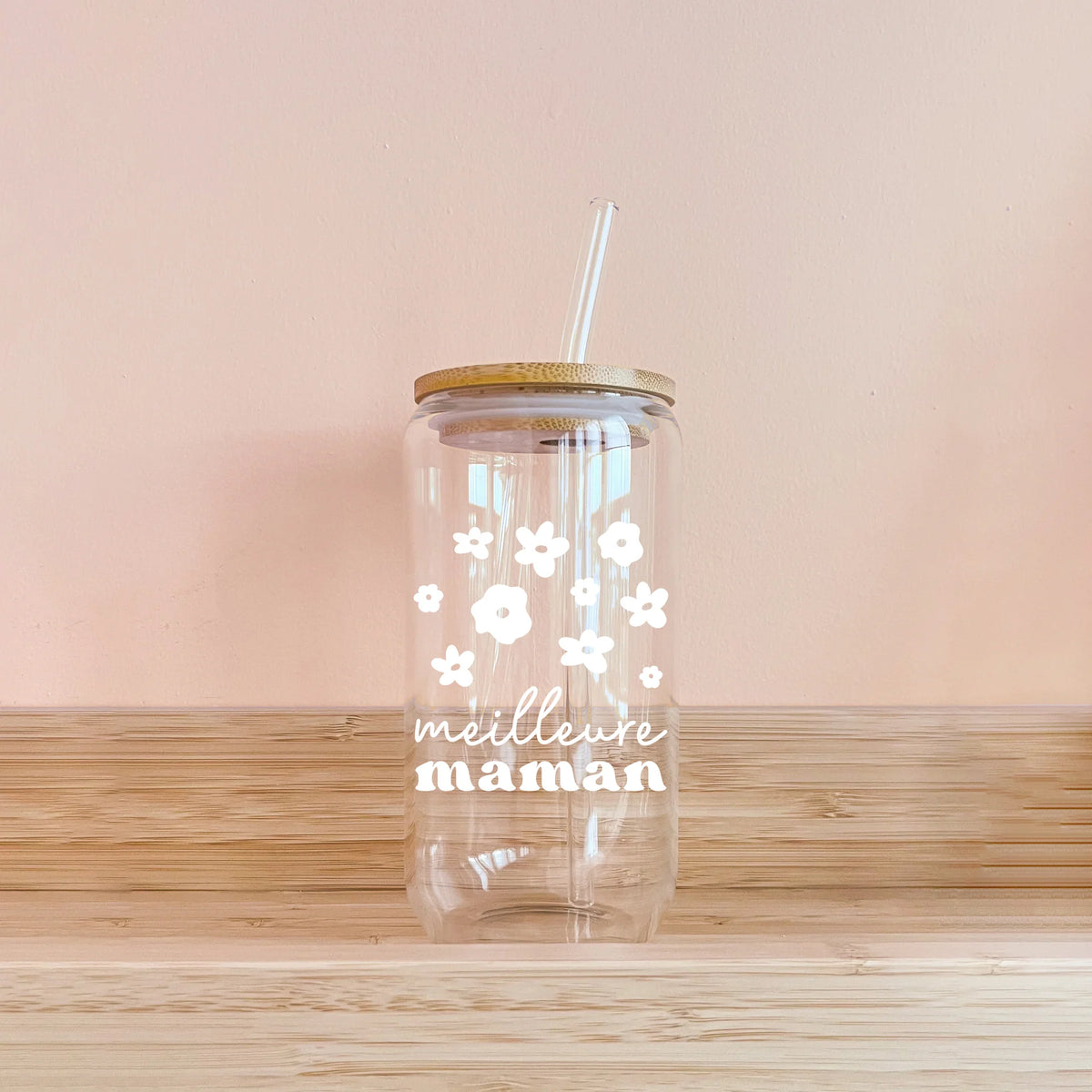 Verre boho - meilleure maman - fleurs blanches  - MOMY