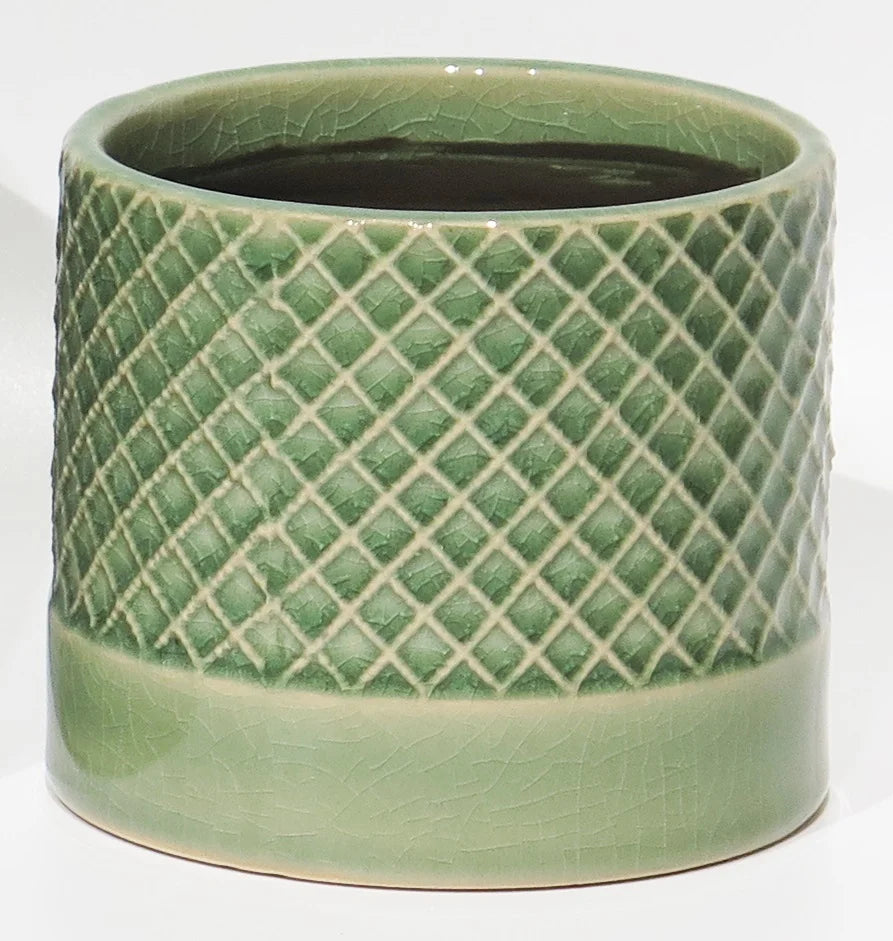Pot avec motif vert - CE00-139  4.7"DX3.9"H Green Criss Cross Pattern Top Ceramic