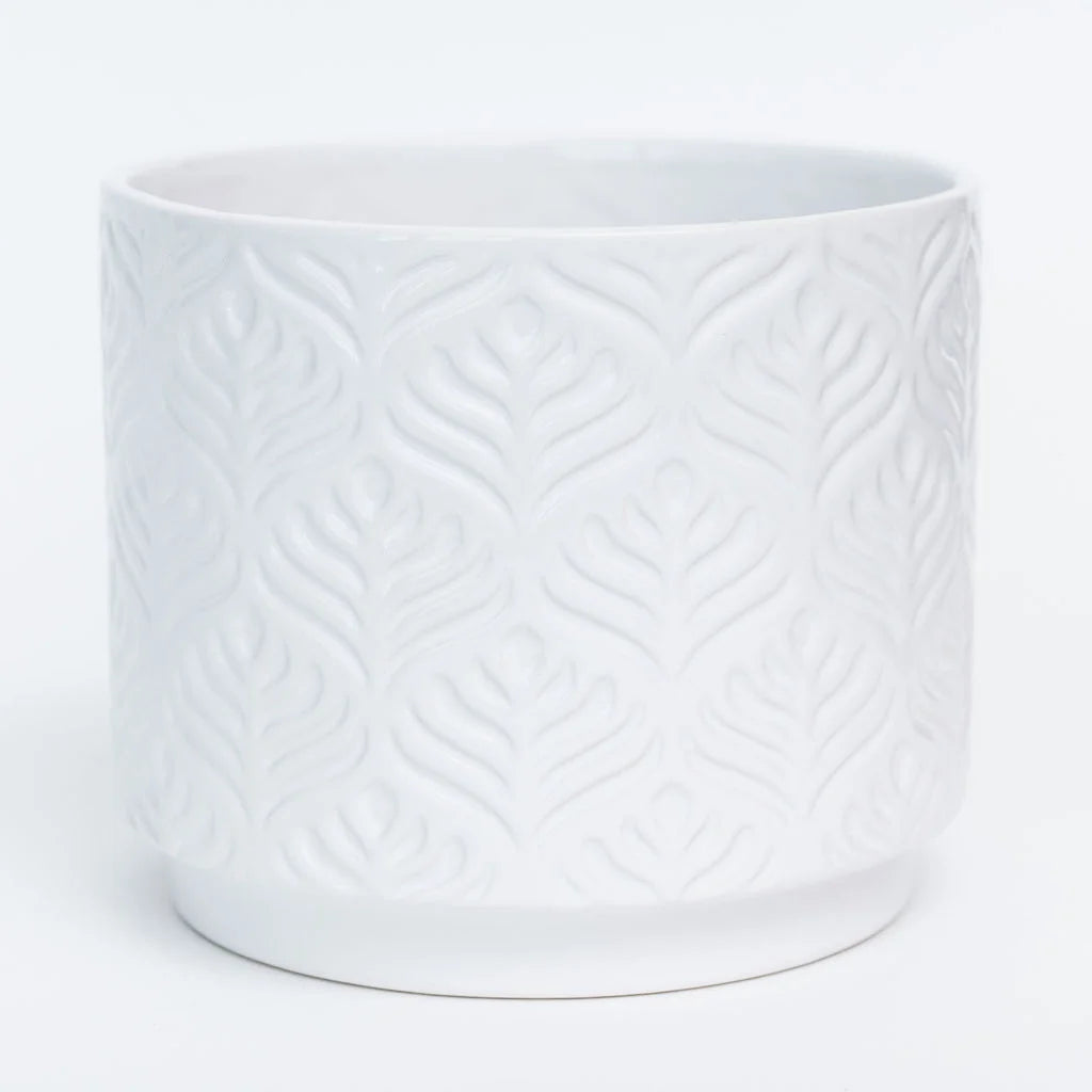 Pot blanc - 6.7"DX5.5"H White Glazed Peacock Feather Design Dolomite