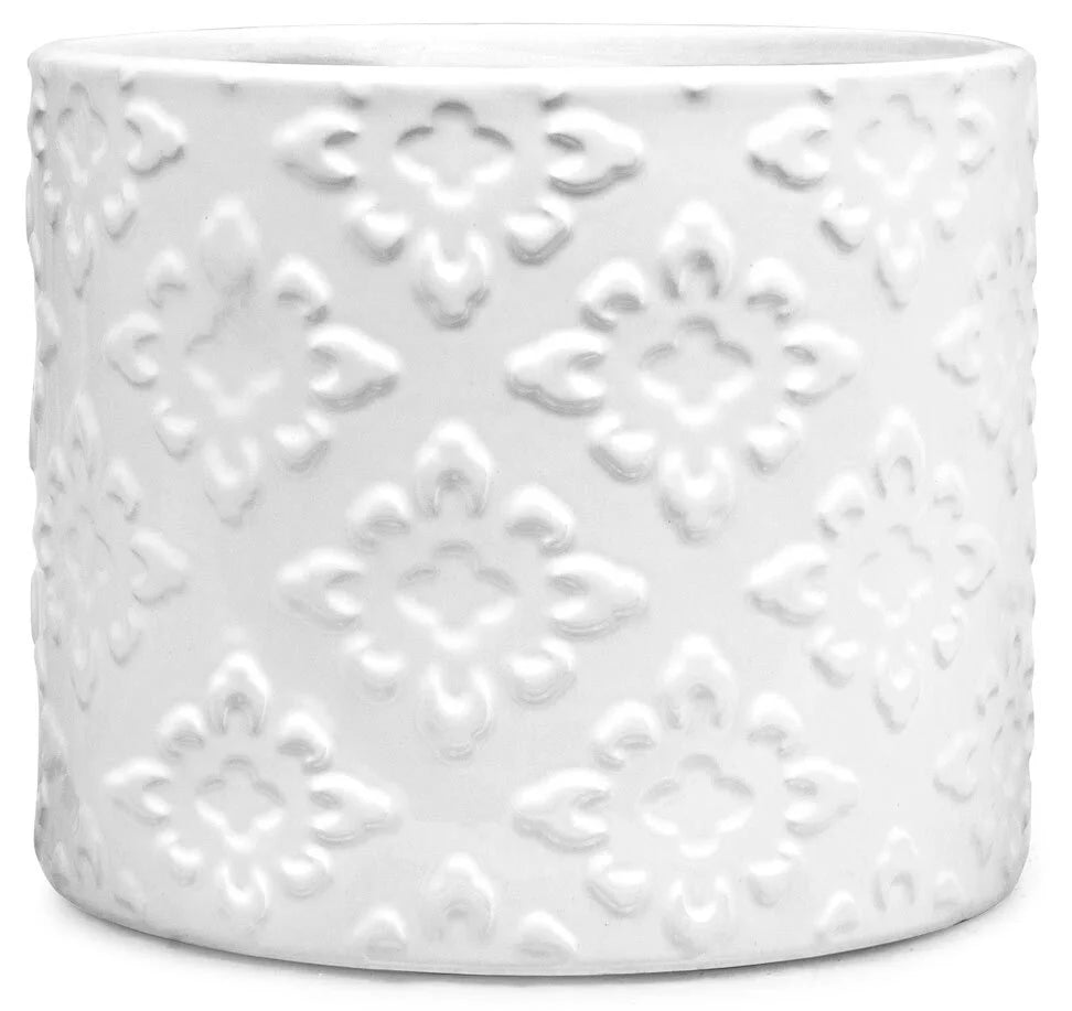 Pot blanc avec design floral - 6.75"DX5.5"H WHITE GLAZED FLORAL MOTIF DOLOMITE