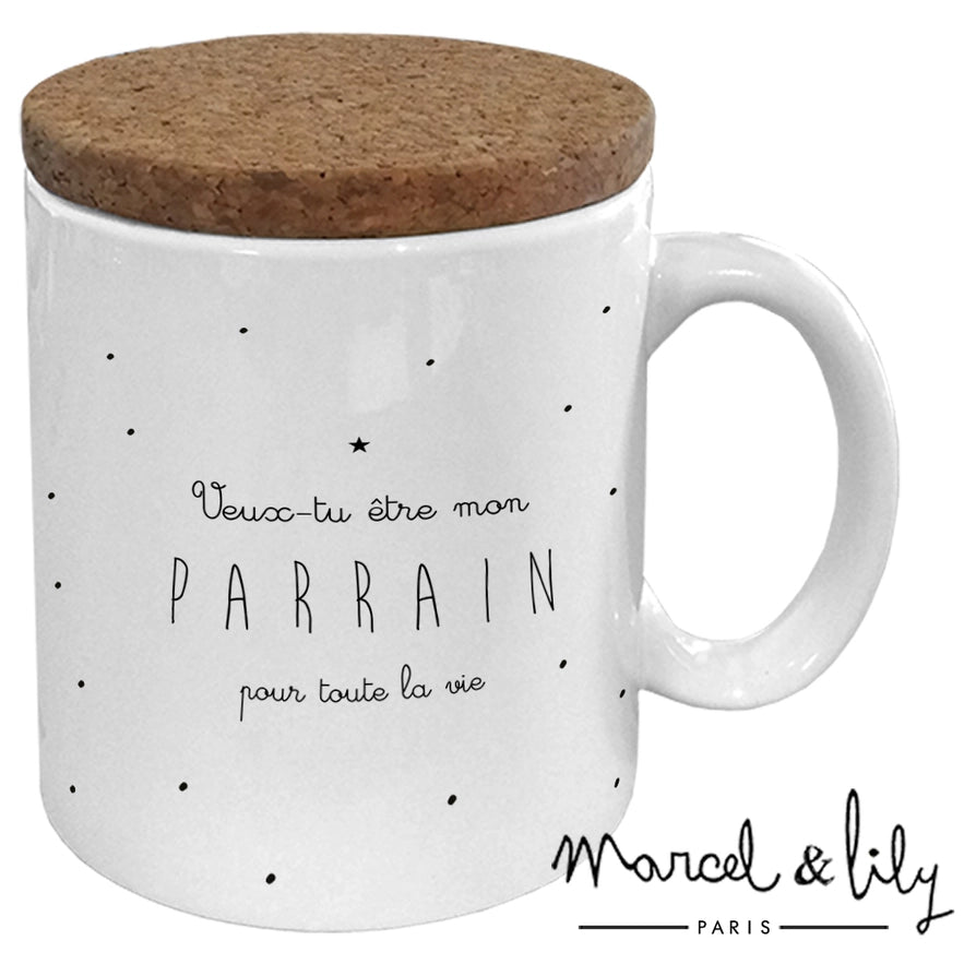 Mug "Veux-tu être mon parrain" avec son couvercle en liège - Marcel & Lily