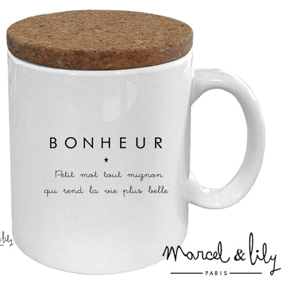 Mug "Bonheur" avec son couvercle en liège - Marcel & Lily